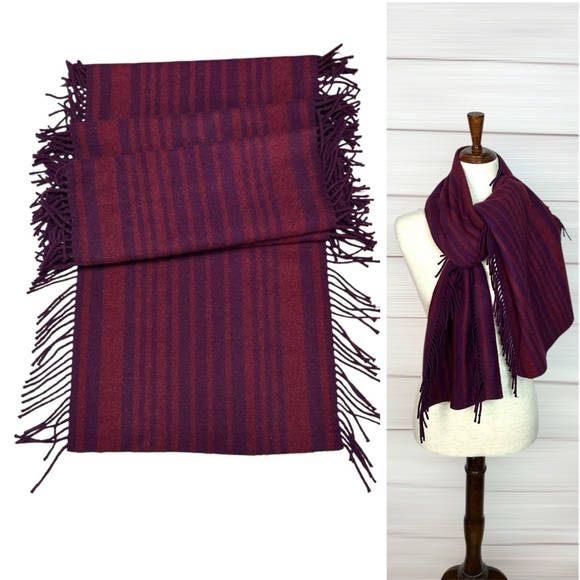 Meg Cohen Cashmere Scarf Double Fringed Purple Burgundy Striped England Unisex - Picture 1 of 9
